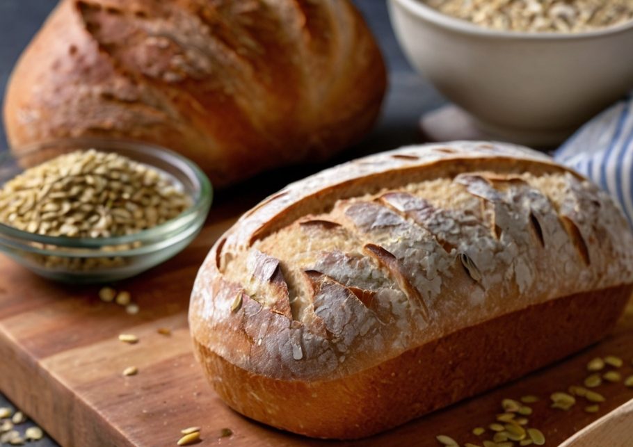 A loaf of freshly baked white bread on a cutting board, with slices partially cut. Ingredients like flour, yeast, and a small bowl of seeds are arranged around it, showcasing the simplicity and healthiness of the recipe.