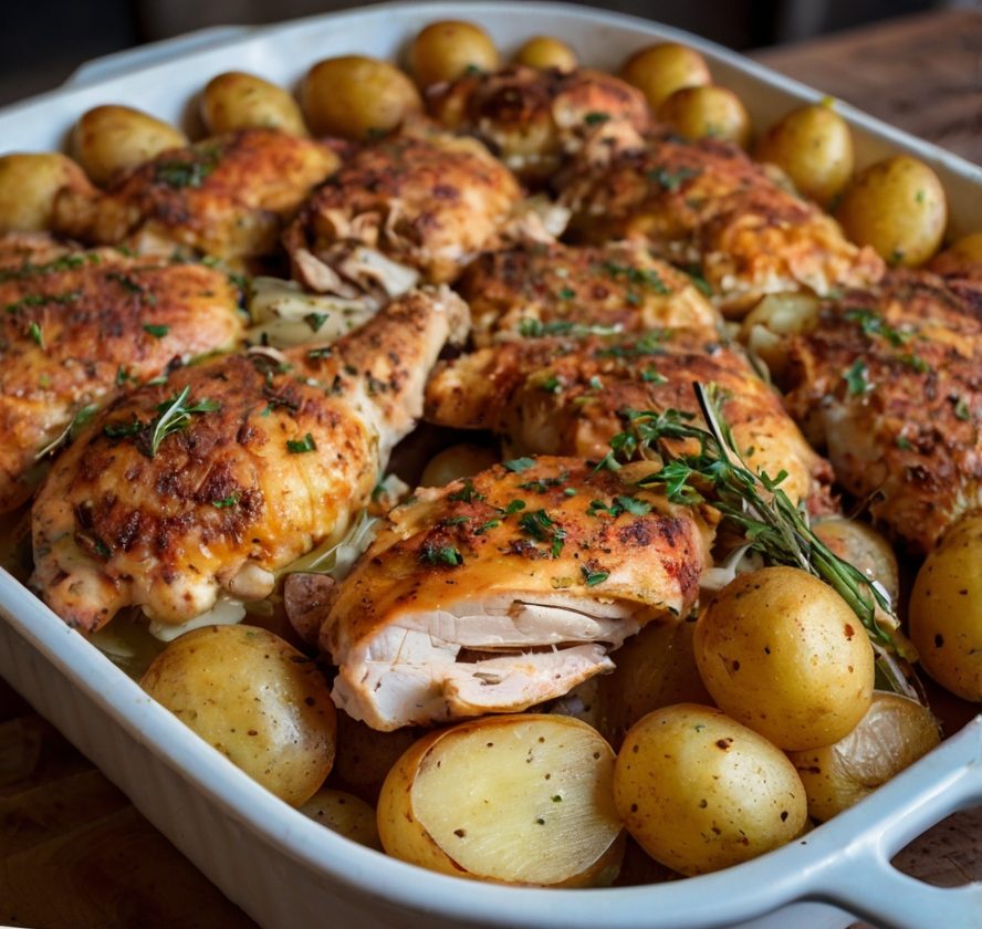 A rustic family-style dinner table with Chicken and Potato Bake as the centerpiece