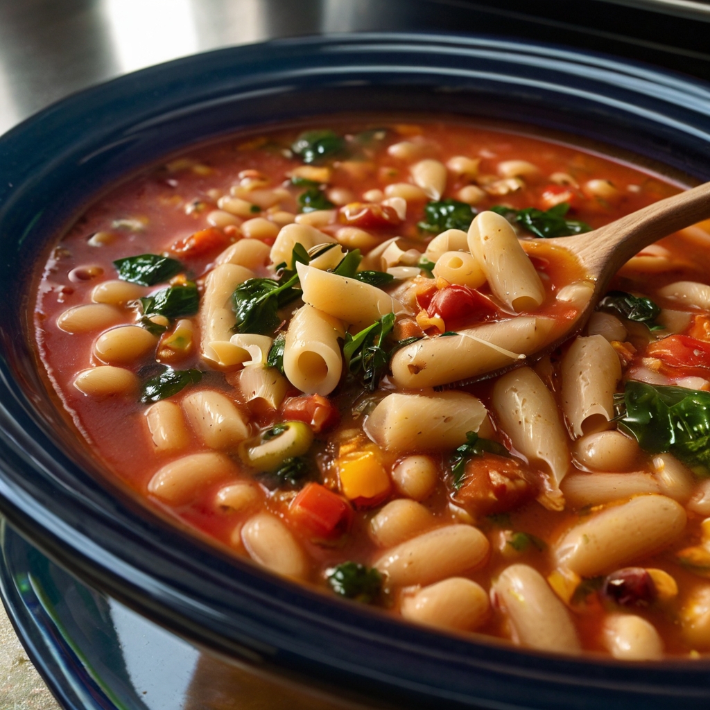 A steaming bowl of Pasta Fagioli soup, with colorful vegetables, beans, and pasta in a rich tomato broth, garnished with fresh parsley and Parmesan cheese. Crusty bread sits on the side, ready for dipping.
Close-up of fresh spinach being stirred into the soup, showcasing vibrant greens against the red tomato base.