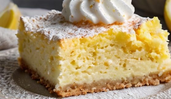 A vibrant photo of a Lemon Cream Cheese Dump Cake on a serving platter, garnished with lemon slices and a dusting of powdered sugar, surrounded by fresh lemons and a bowl of cream cheese.