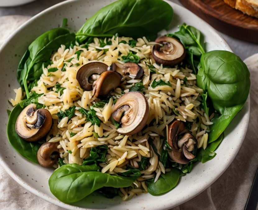 A vibrant plate of Spinach Mushroom Orzo garnished with freshly grated Parmesan and parsley, served alongside a crisp green salad and a slice of crusty bread. The dish is beautifully styled with fresh mushrooms and spinach leaves placed around the plate for an inviting look.