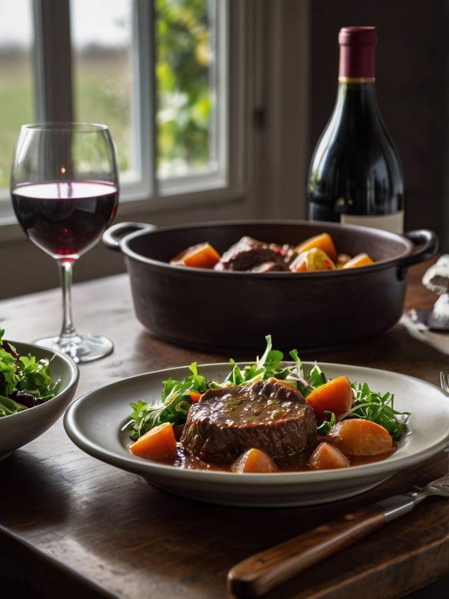 Final plated dish of beef stew with a simple green salad and a glass of red wine, perfect for a cozy dinne