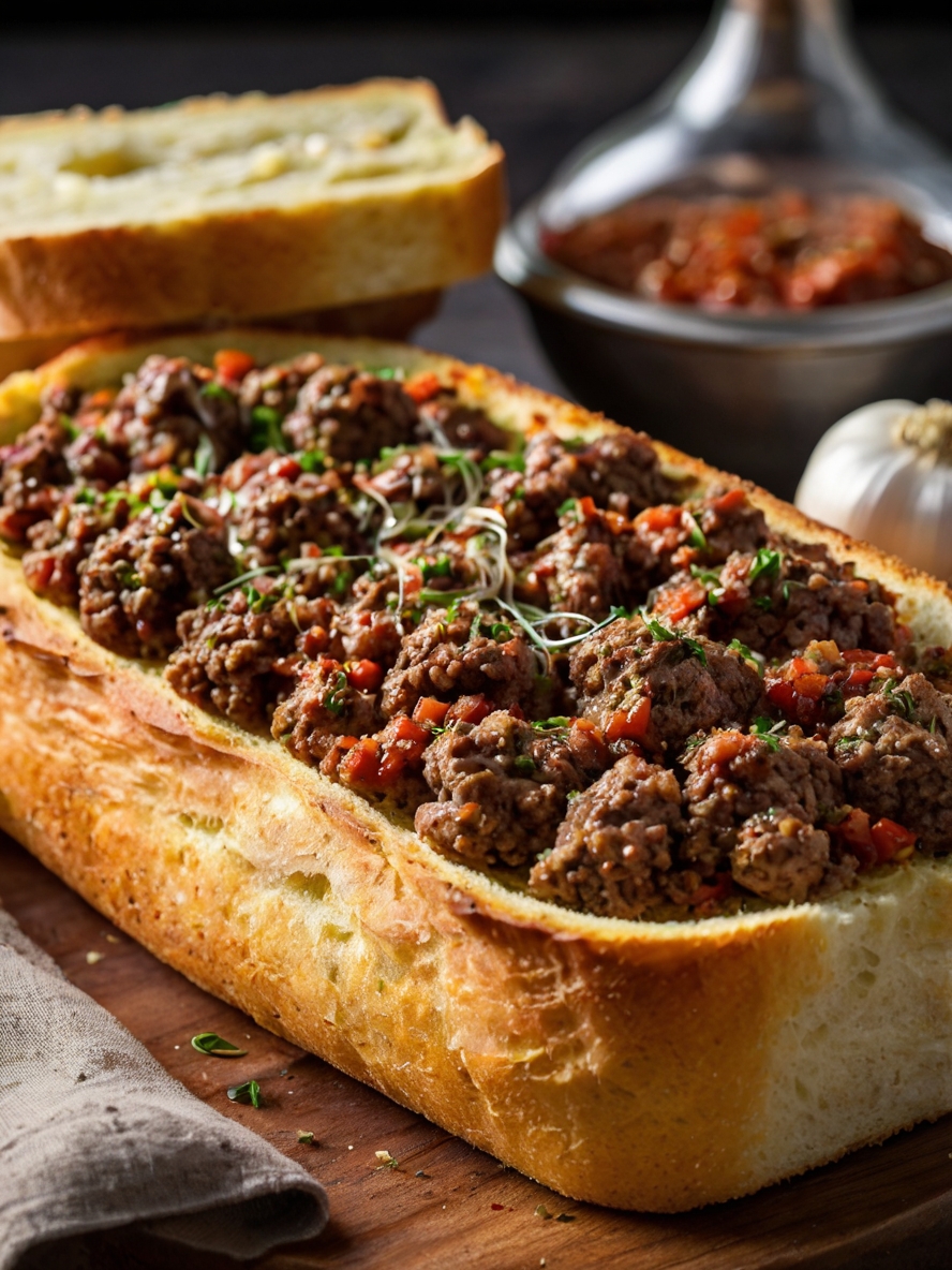 Garlic bread topped with seasoned ground beef, perfect for a quick and hearty meal