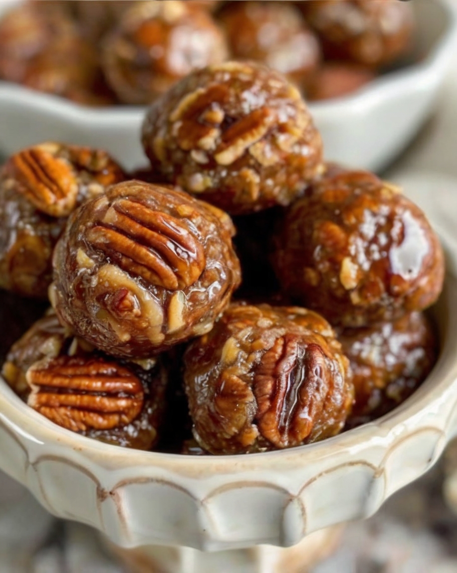A close-up of golden-brown Pecan Pie Balls coated in powdered sugar, arranged neatly on a rustic wooden plate. A scattering of chopped pecans and a cinnamon stick are styled around the plate, with warm lighting to create a cozy and inviting atmosphere.