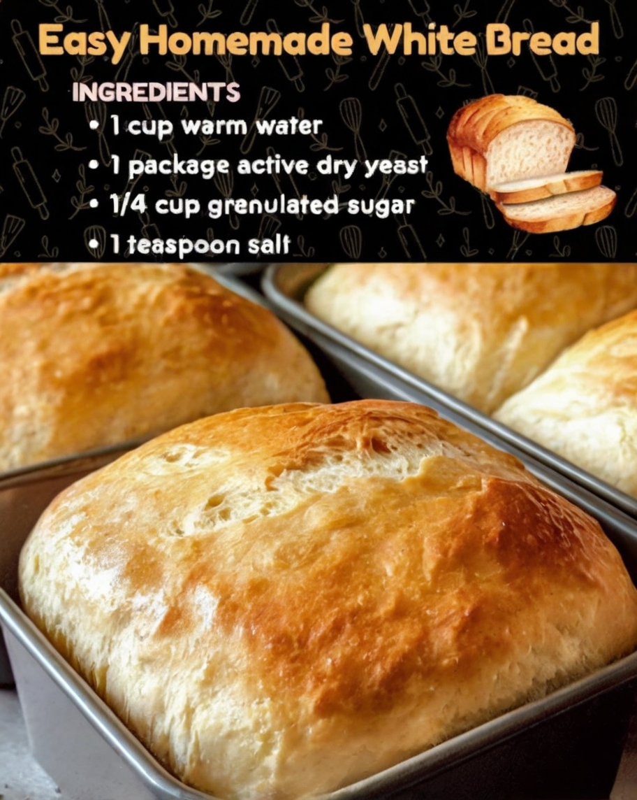 A loaf of freshly baked white bread on a cutting board, with slices partially cut. Ingredients like flour, yeast, and a small bowl of seeds are arranged around it, showcasing the simplicity and healthiness of the recipe.