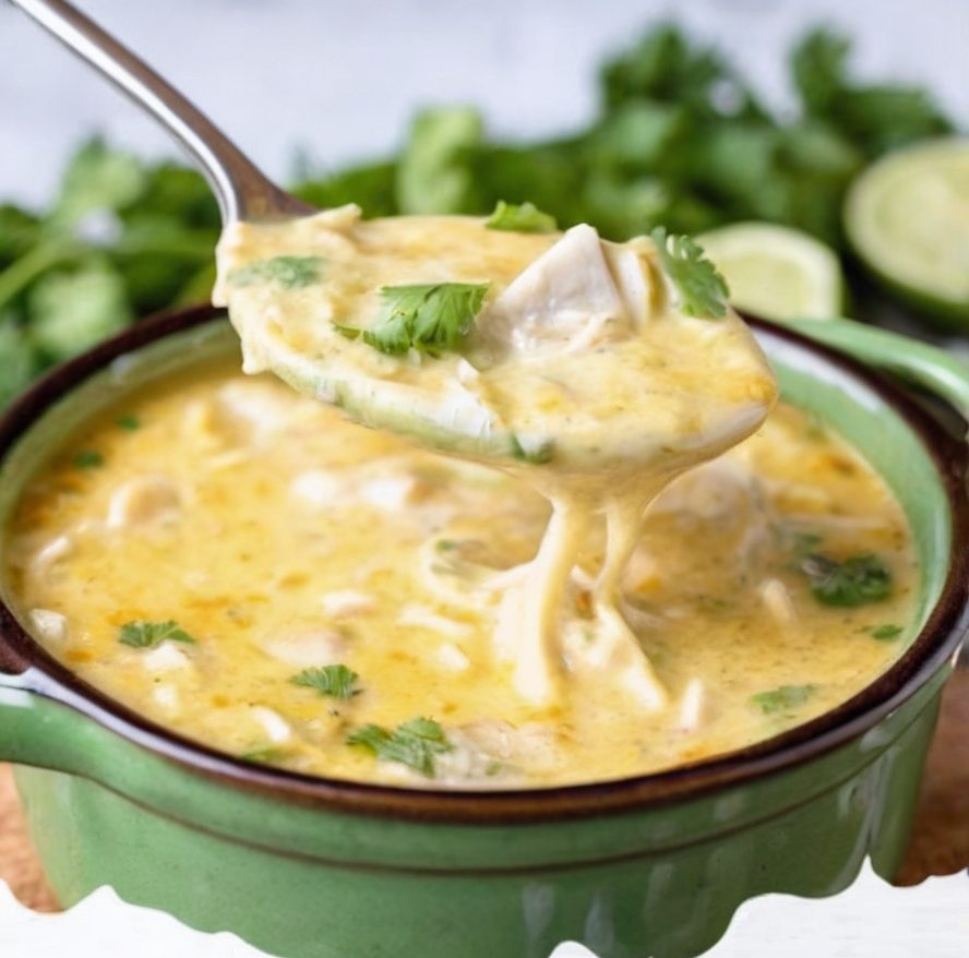 A bowl of creamy Chili Verde Chicken Soup garnished with fresh cilantro, diced avocado, shredded cheese, and crispy tortilla strips. The soup should appear rich and hearty, placed on a rustic wooden table with a side of lime wedges and a small bowl of salsa verde.