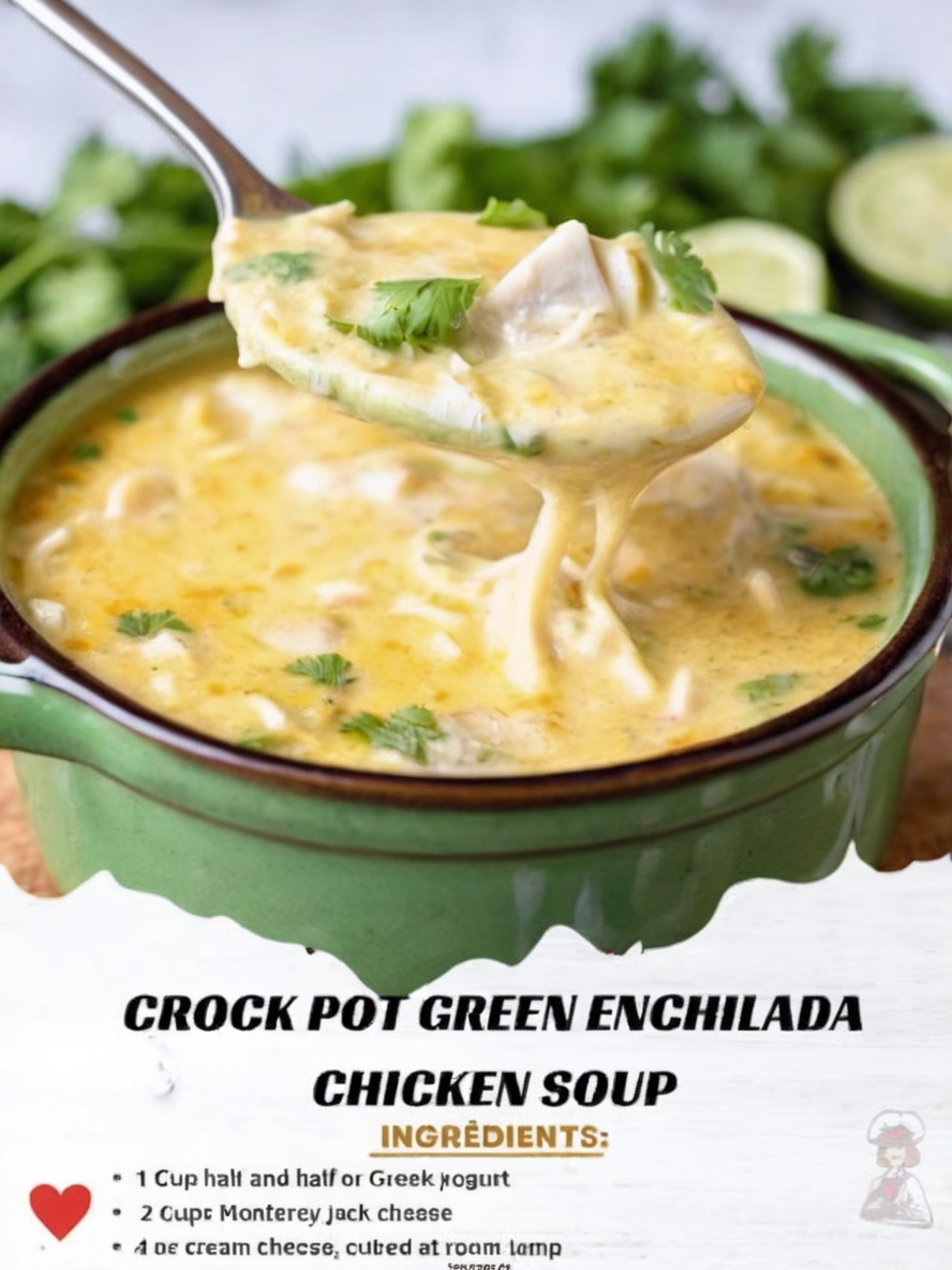 A bowl of creamy Chili Verde Chicken Soup garnished with fresh cilantro, diced avocado, shredded cheese, and crispy tortilla strips. The soup should appear rich and hearty, placed on a rustic wooden table with a side of lime wedges and a small bowl of salsa verde.