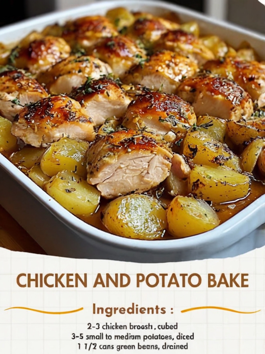 A rustic family-style dinner table with Chicken and Potato Bake as the centerpiece