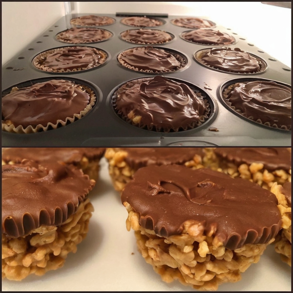 Peanut butter and chocolate rice crispy cups, a no-bake dessert in muffin liners