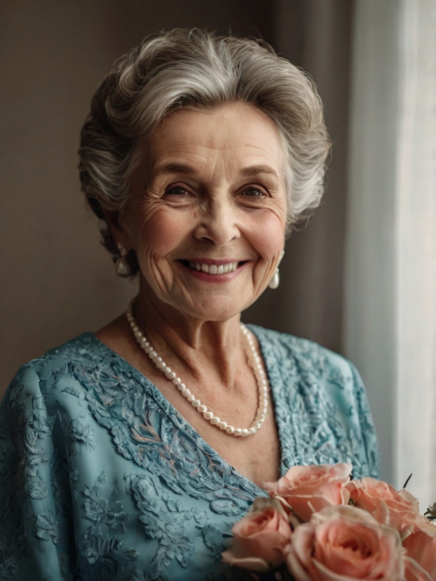 Image of an elegant grandmother dressed up for a wedding, smiling confidently