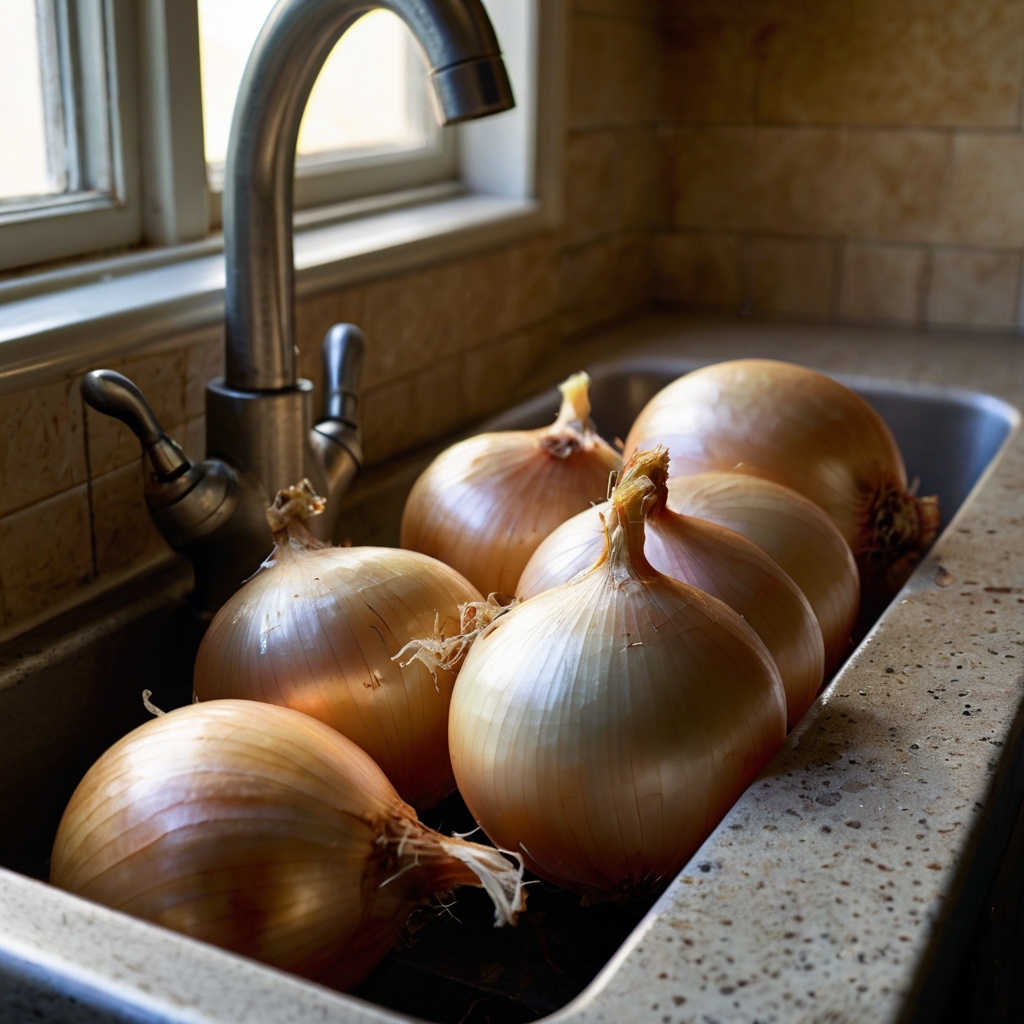 Image of freshly sliced onions placed strategically near a gap under a kitchen sink. The photo should highlight a clean and pest-free kitchen environment, symbolizing the effectiveness of natural methods.