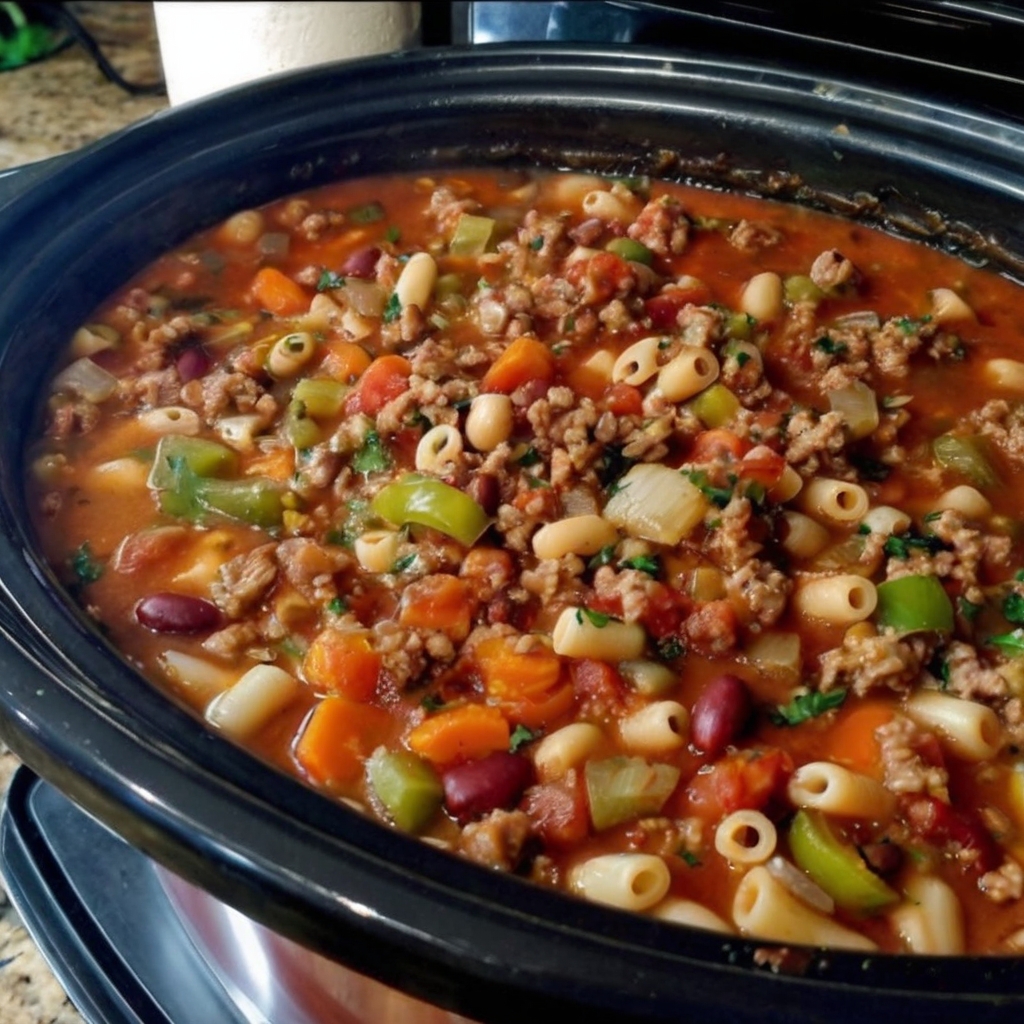 A steaming bowl of Pasta Fagioli soup, with colorful vegetables, beans, and pasta in a rich tomato broth, garnished with fresh parsley and Parmesan cheese. Crusty bread sits on the side, ready for dipping. Close-up of fresh spinach being stirred into the soup, showcasing vibrant greens against the red tomato base.