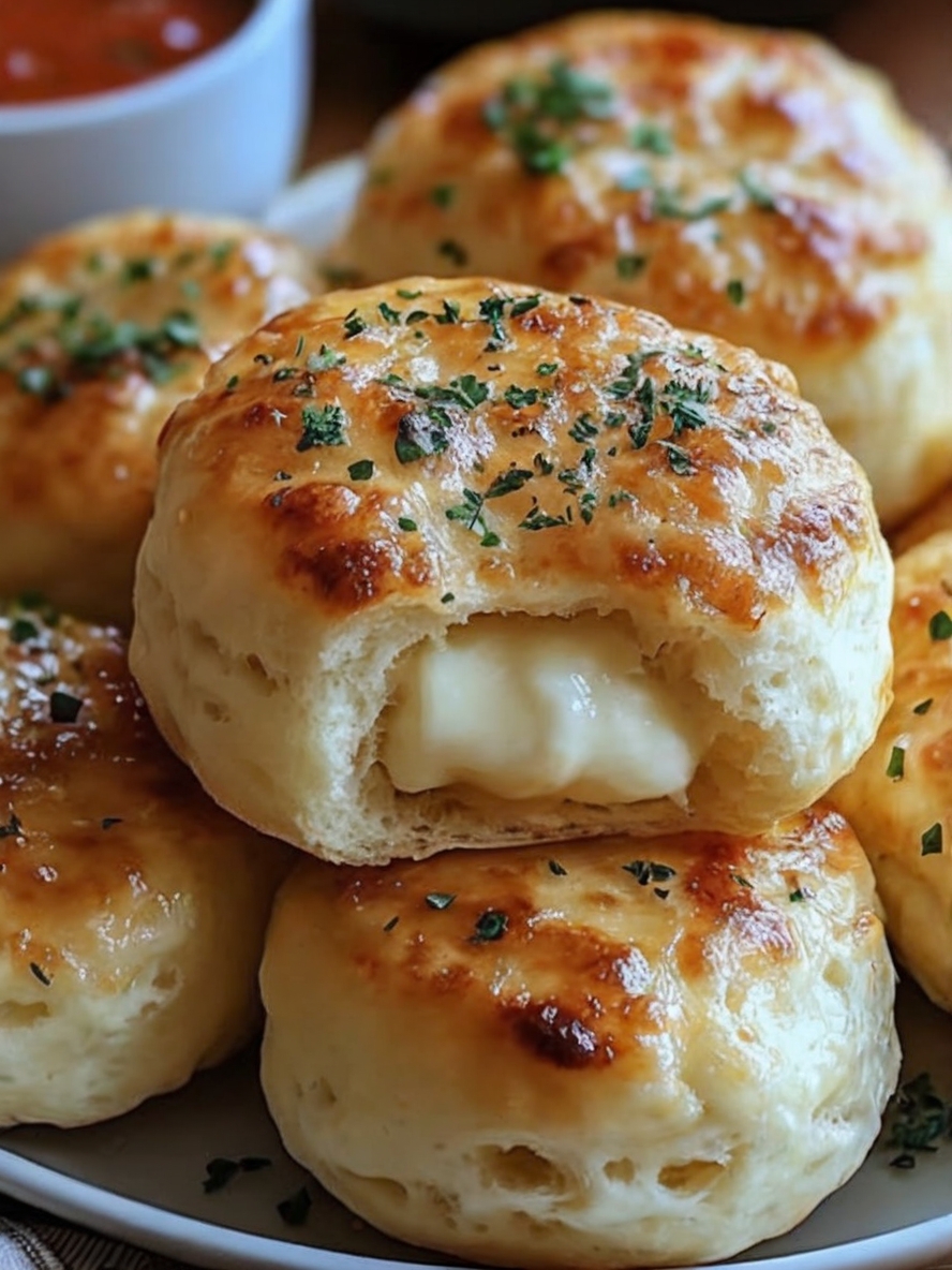 Buttery biscuit dough stuffed with gooey mozzarella cheese, brushed with garlic butter, and baked to golden perfection.