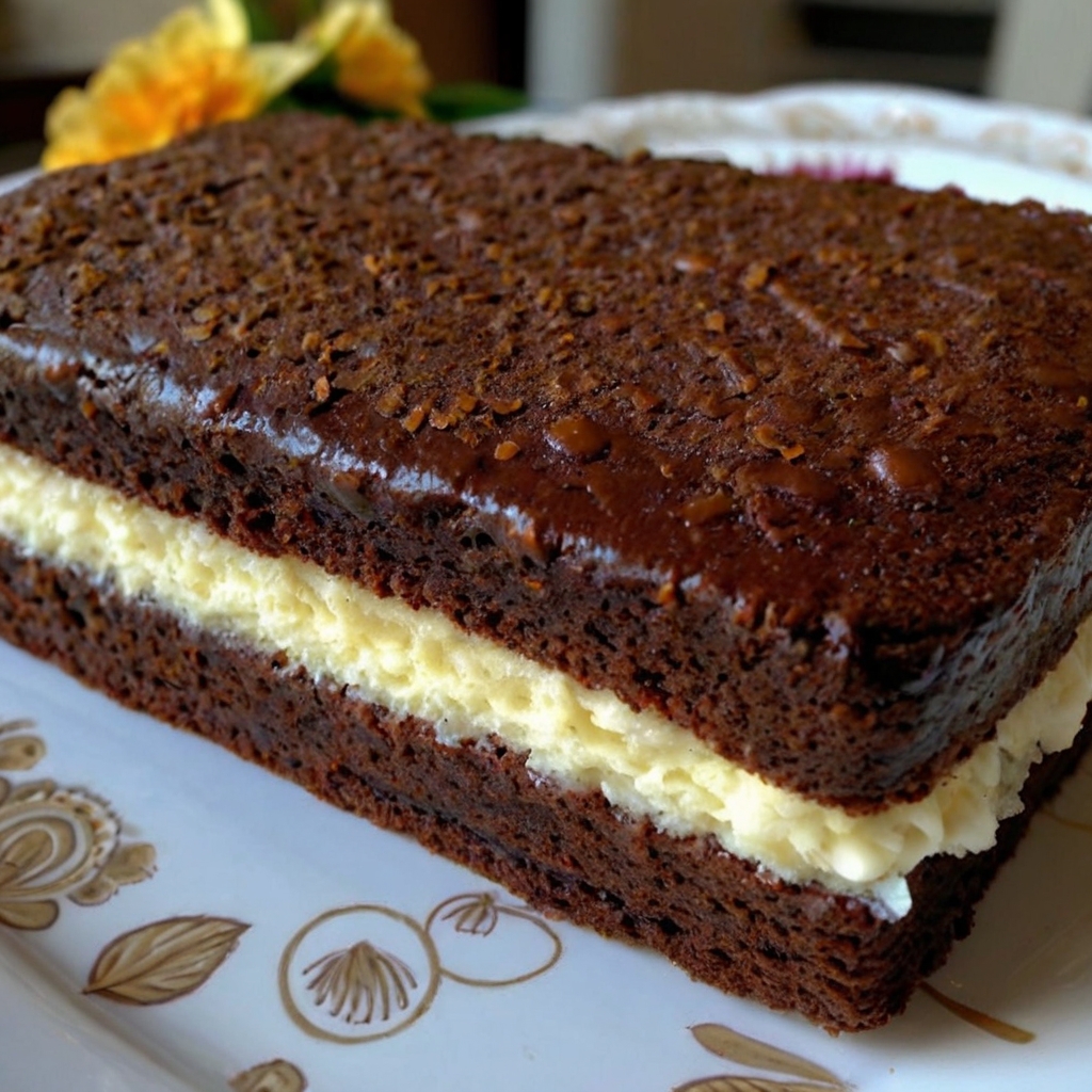 Chocolate sponge cake layered with creamy vanilla filling, perfect for desserts or special occasions