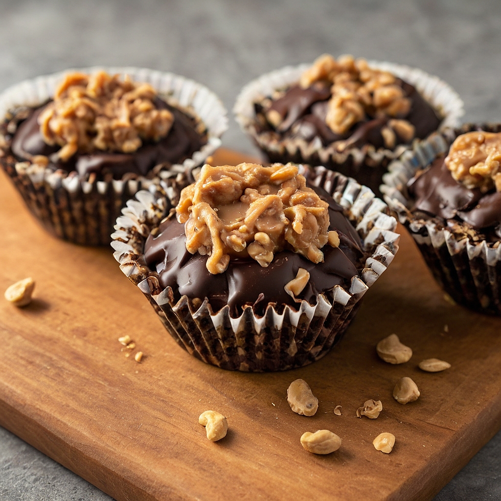 Peanut butter and chocolate rice crispy cups, a no-bake dessert in muffin liners
