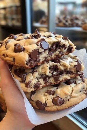 these thick and gooey  chocolate chip  cookies, inspired by Levain Bakery, are crispy on the outside and soft on the inside. Perfect for any occasion!