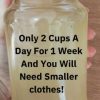 Image is a close-up photograph of a hand holding a clear glass jar filled with a light yellow liquid. The jar has a white plastic lid and is held against a wooden background. The hand visible in the image has light skin. Overlaid on the jar is bold black text in a sans-serif font that reads: "Only 2 Cups A Day For 1 Week And You Will Need Smaller clothes!" The text is centered and takes up most of the visible space on the jar, making it the focal point of the image.