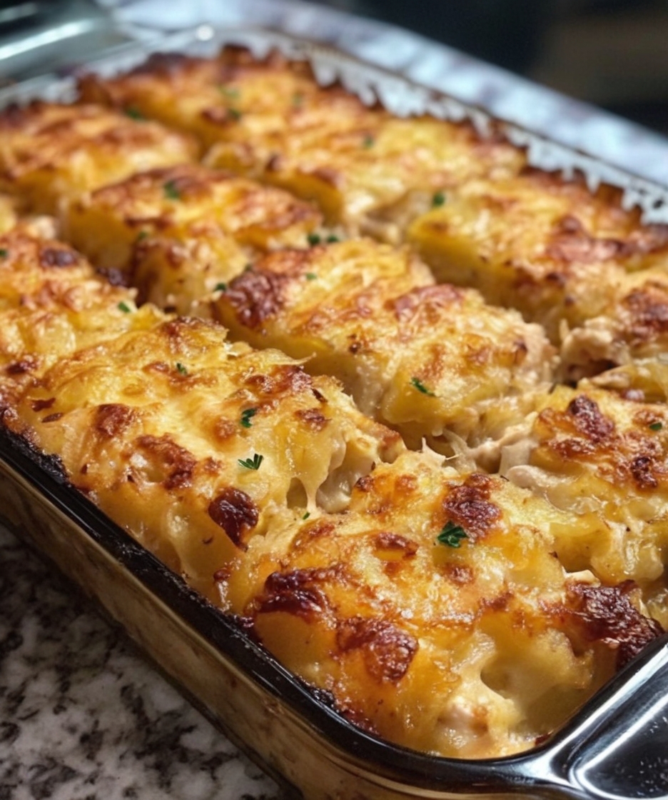 A creamy, cheesy, and satisfying casserole made with hashbrowns, shredded chicken, and a crispy topping. Perfect for family dinners or meal prep!