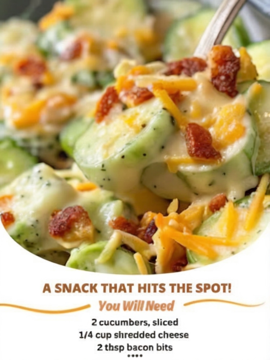 A quick, cool, and savory snack featuring crisp cucumbers, creamy ranch, shredded cheddar, and crunchy bacon bits.