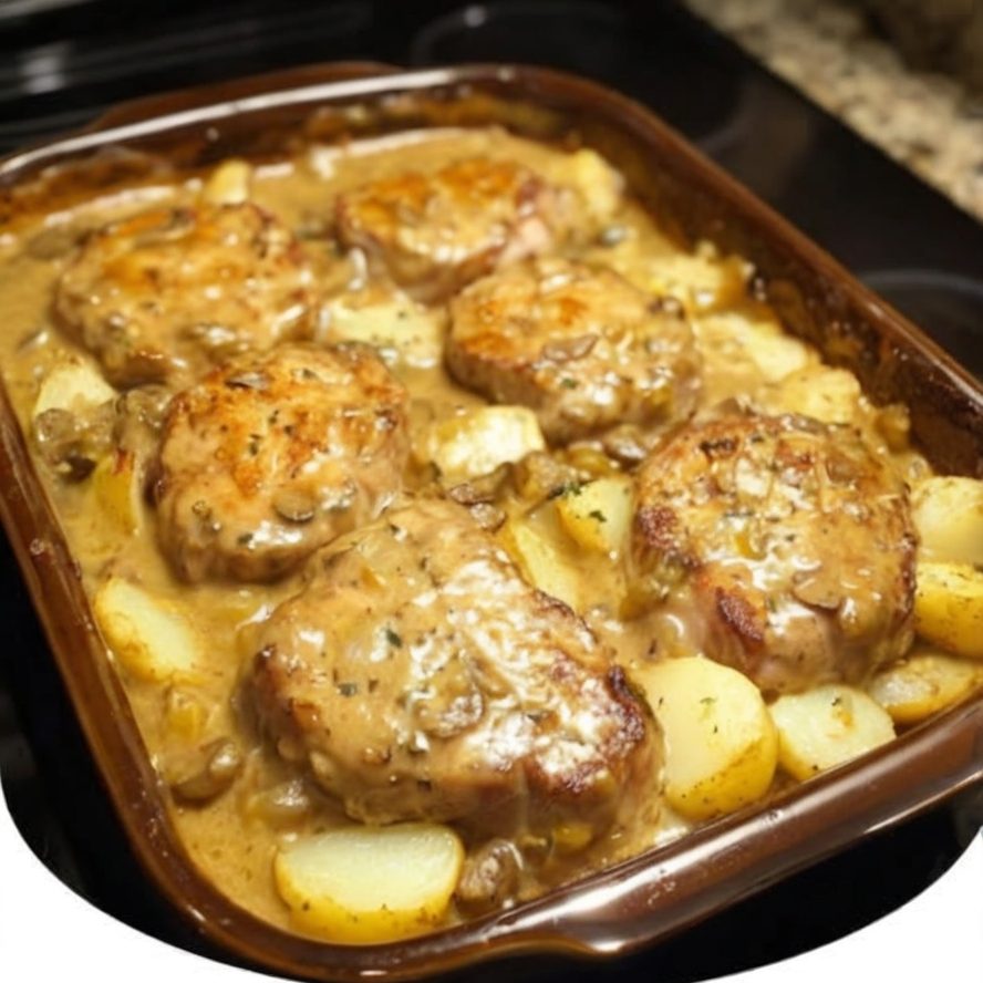 Tender pork chops baked over sliced potatoes in a creamy mushroom and onion soup sauce.