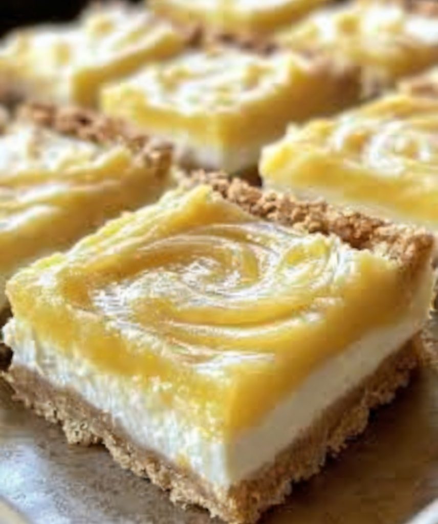 Tangy lemon cream cheese bars with a buttery shortbread crust and a dusting of powdered sugar.