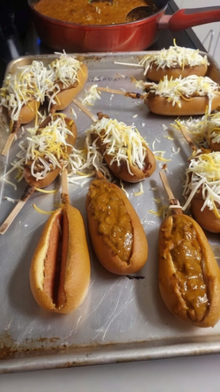Classic corn dogs split open and stuffed with chili, cheese, onions, and jalapeños—bold, fun, and easy to make!