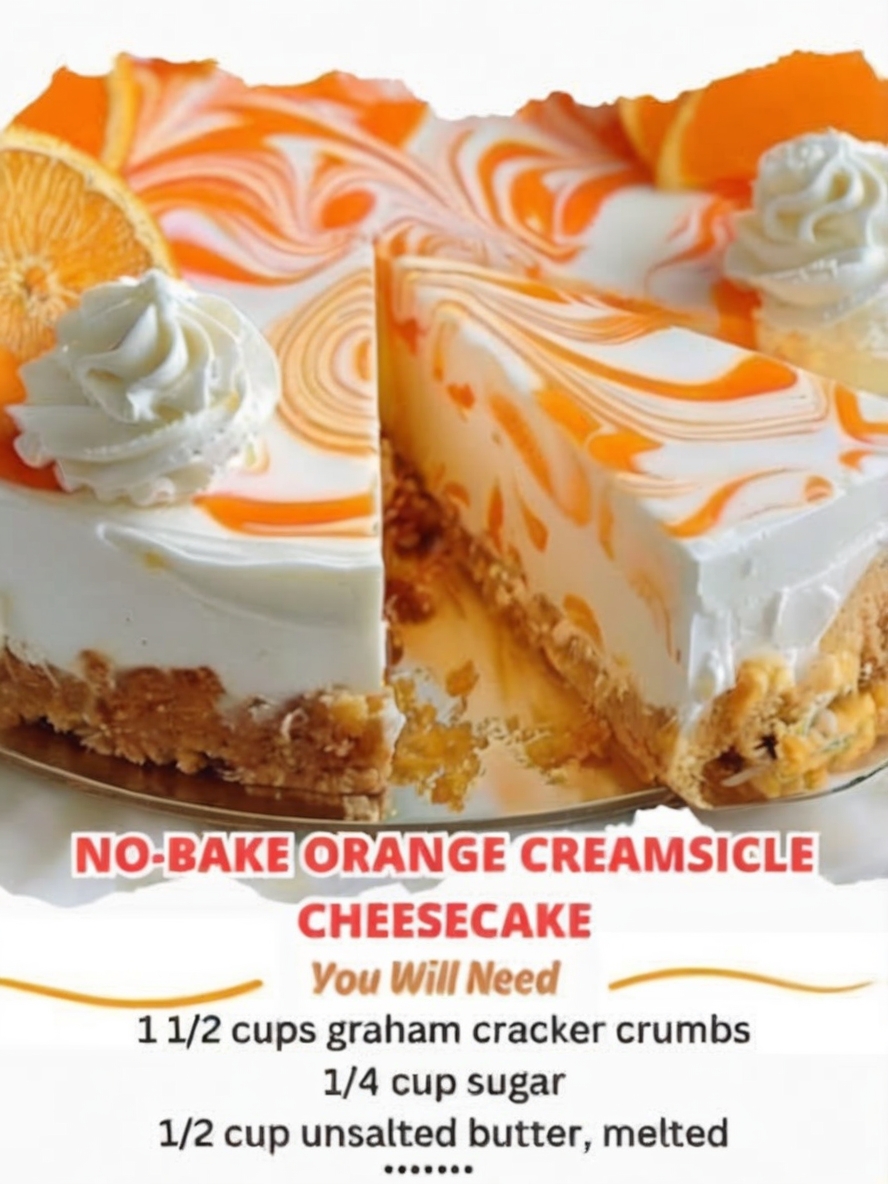 A creamy no-bake cheesecake swirled with vibrant orange flavor over a buttery graham cracker crust.