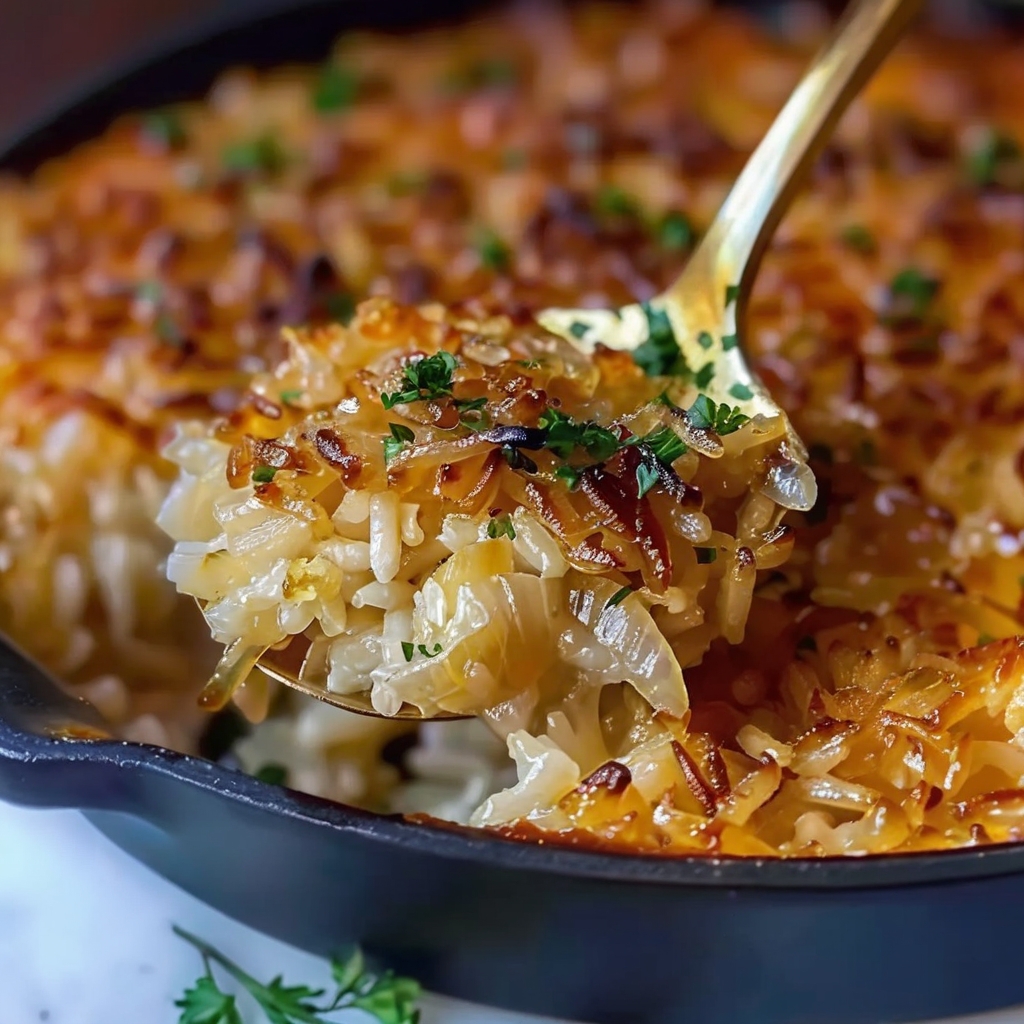 Easy oven-baked rice infused with savory French onion soup, beef consommé, and melted butter. A comforting side dish everyone loves.