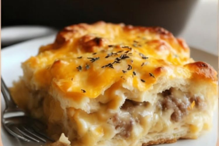 A comforting breakfast casserole featuring fluffy biscuits, savory sausage gravy, crispy hashbrowns, and melted cheddar cheese.