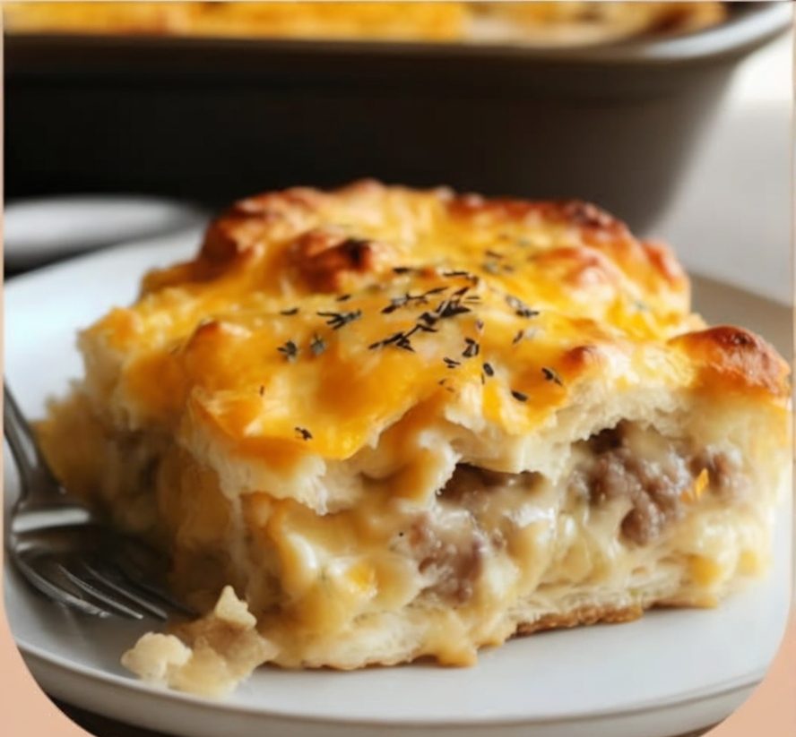 A comforting breakfast casserole featuring fluffy biscuits, savory sausage gravy, crispy hashbrowns, and melted cheddar cheese.