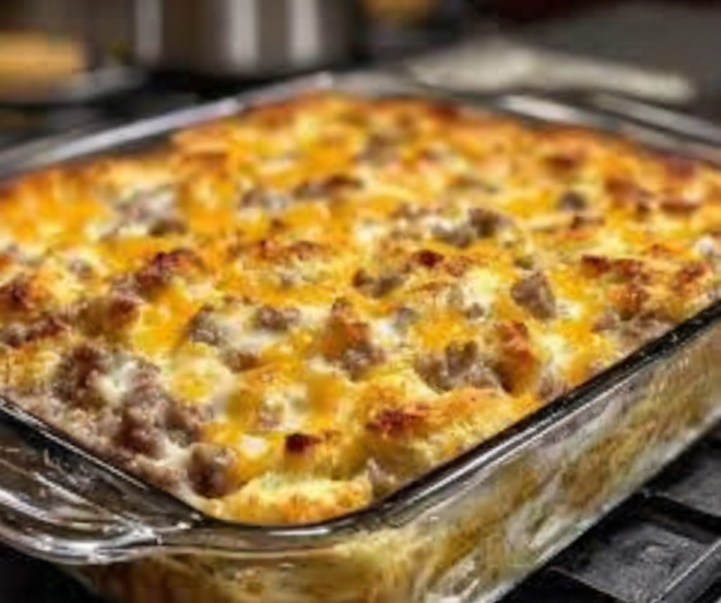 A comforting breakfast casserole featuring fluffy biscuits, savory sausage gravy, crispy hashbrowns, and melted cheddar cheese.