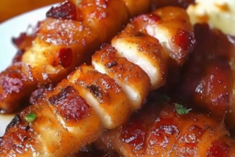 Juicy chicken tenders wrapped in crispy bacon and coated in a sweet brown sugar glaze. Quick, easy, and addictively delicious!