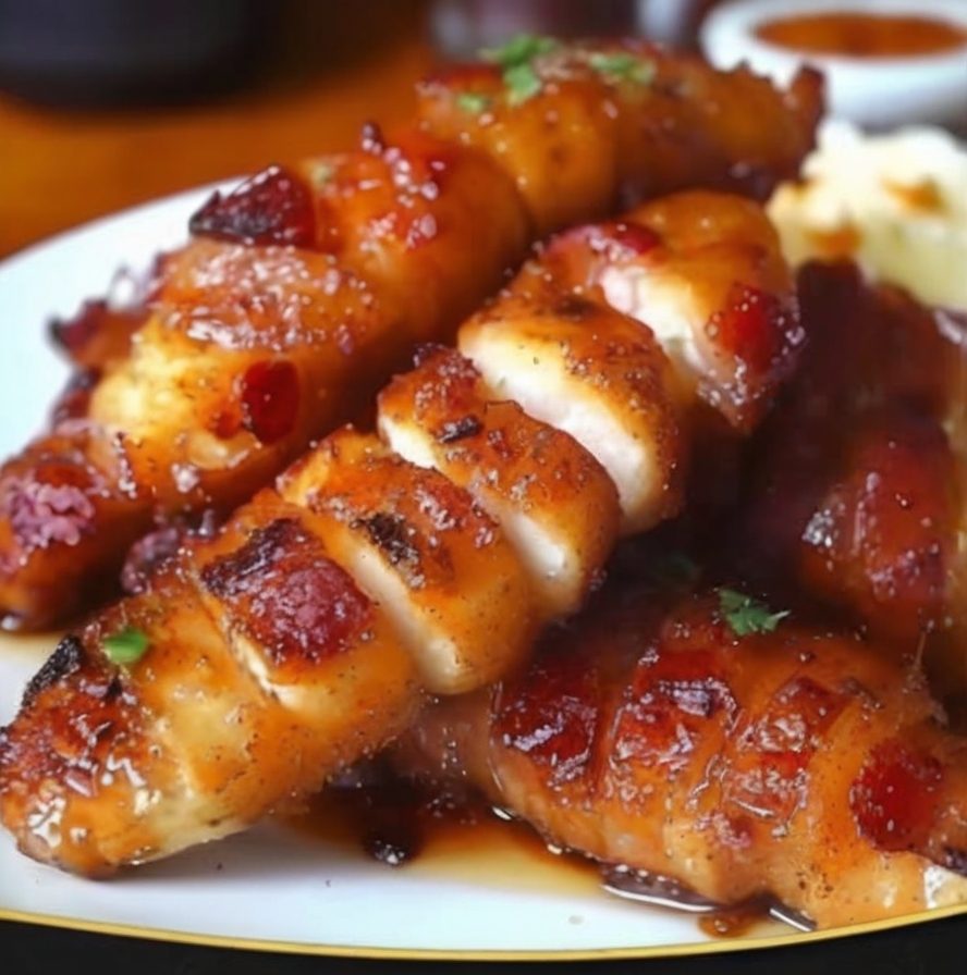 Juicy chicken tenders wrapped in crispy bacon and coated in a sweet brown sugar glaze. Quick, easy, and addictively delicious!