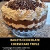 This Baileys Chocolate Trifle is a rich, no-bake dessert that combines layers of moist chocolate cake, creamy Baileys-infused filling, fluffy whipped topping, and decadent chocolate chips.