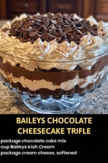 This Baileys Chocolate Trifle is a rich, no-bake dessert that combines layers of moist chocolate cake, creamy Baileys-infused filling, fluffy whipped topping, and decadent chocolate chips.