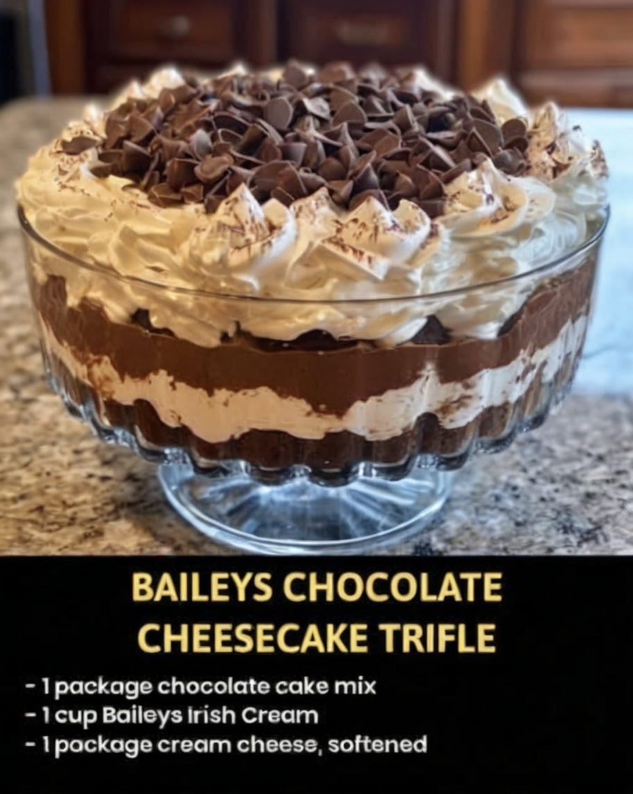 This Baileys Chocolate Trifle is a rich, no-bake dessert that combines layers of moist chocolate cake, creamy Baileys-infused filling, fluffy whipped topping, and decadent chocolate chips.