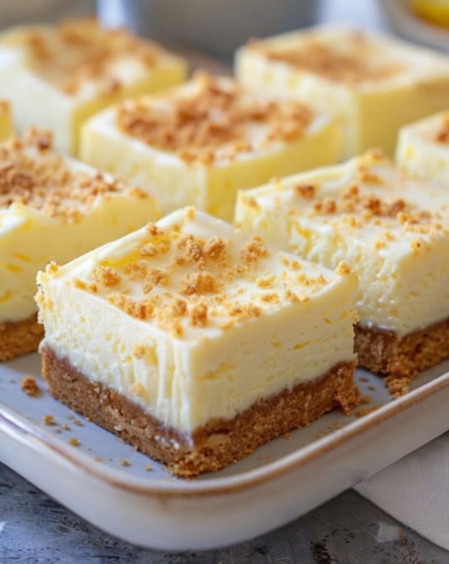 A tangy, creamy dessert bar made with a buttery graham cracker crust and a bright lemon cheesecake filling.