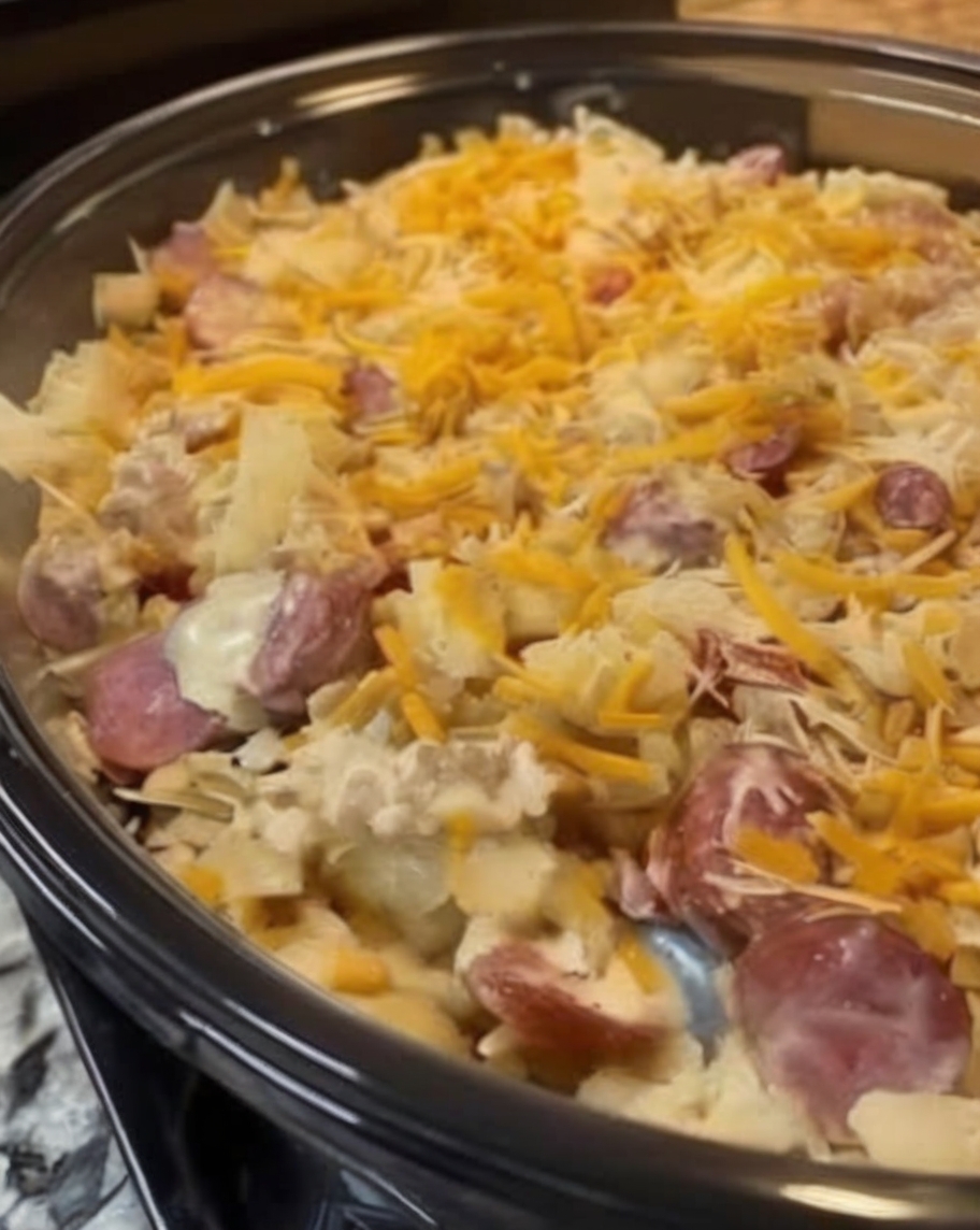 A creamy, cheesy slow cooker casserole packed with smoked sausage and potatoes. The perfect “dump and go” comfort meal.
