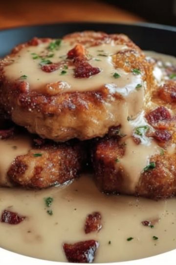 juicy, golden-fried pork chops with that perfect crispy crust, smothered in creamy, savory bacon gravy made right in the same skillet