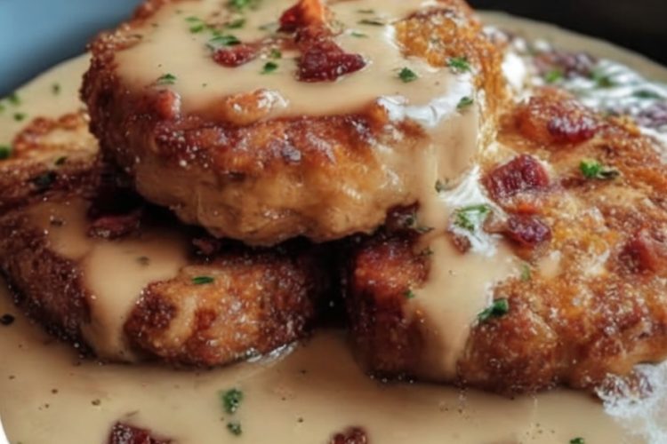 juicy, golden-fried pork chops with that perfect crispy crust, smothered in creamy, savory bacon gravy made right in the same skillet