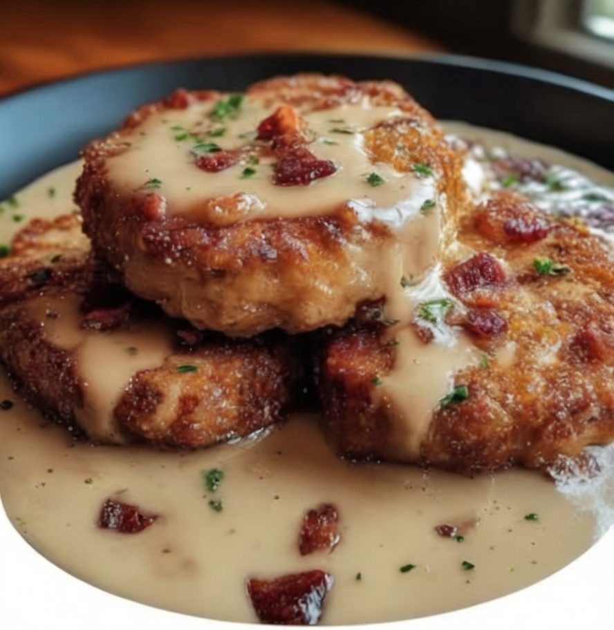 juicy, golden-fried pork chops with that perfect crispy crust, smothered in creamy, savory bacon gravy made right in the same skillet