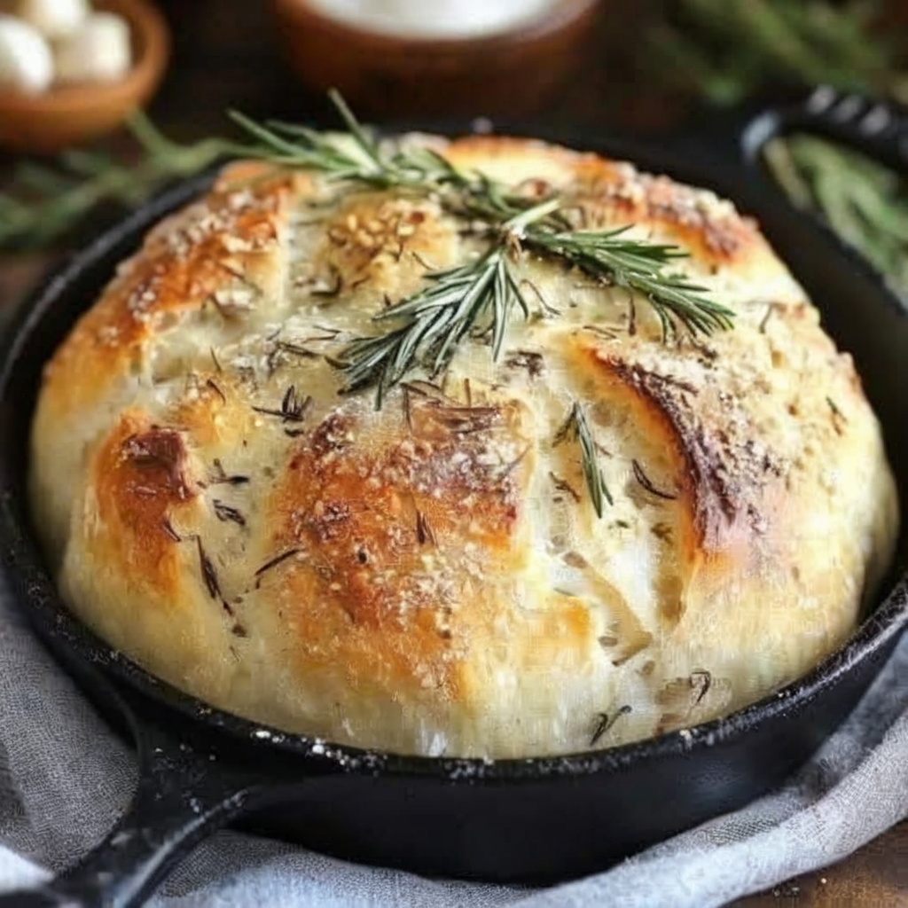 A crusty, flavorful artisan bread made with garlic and rosemary—no kneading required! Perfect for beginners and can be baked in the oven or air fryer.