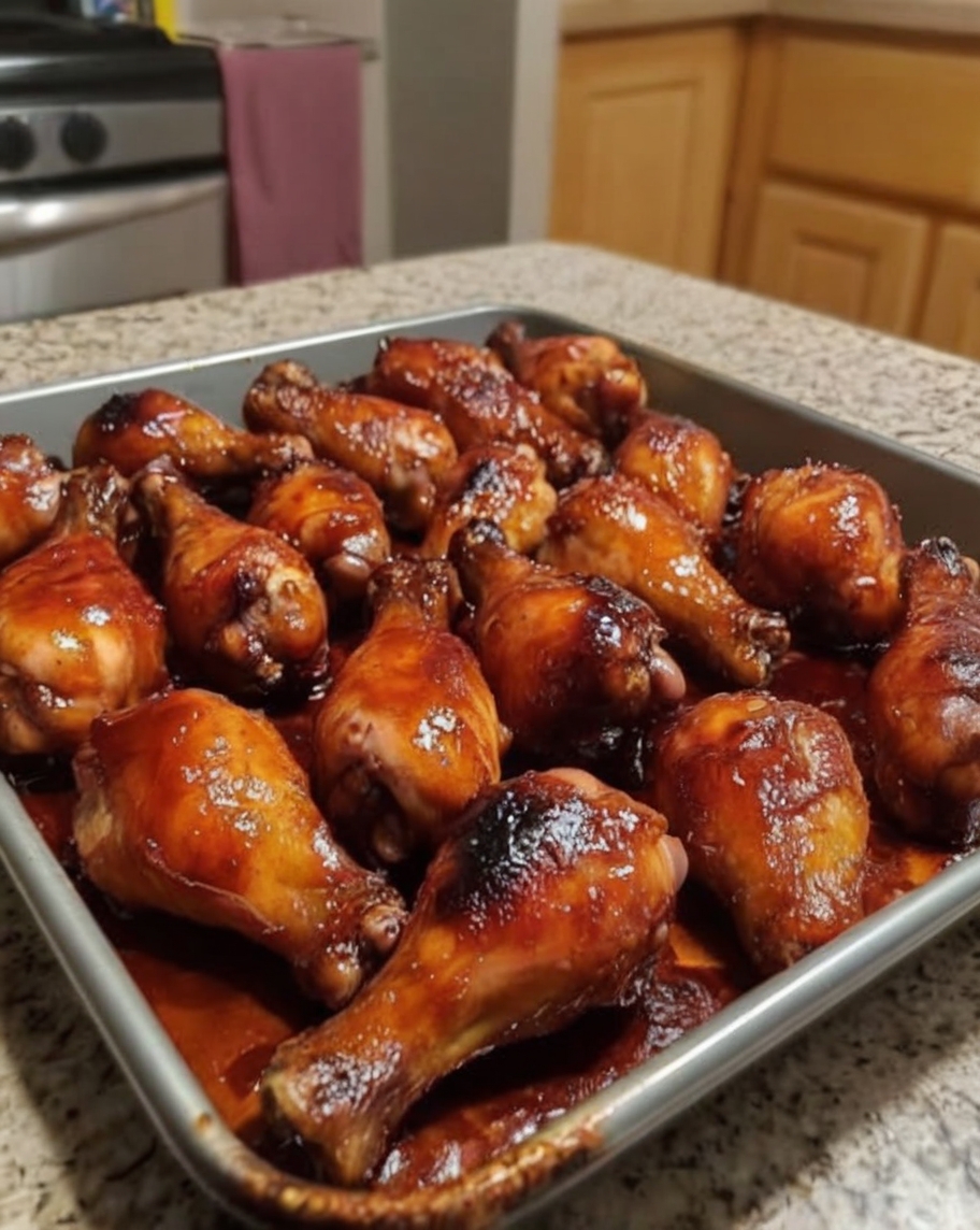 Juicy drumsticks baked in the oven, glazed with sweet and smoky honey BBQ sauce—a family favorite!