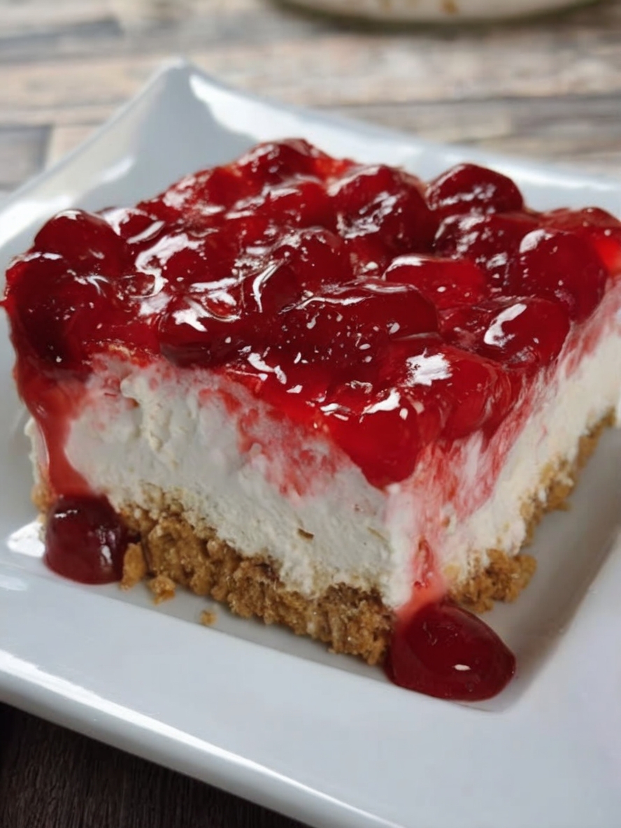 Creamy, easy cheesecake bars with a buttery graham cracker crust and sweet cherry topping. No baking required!
