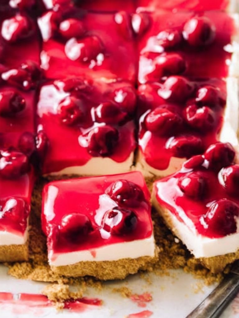 Creamy, easy cheesecake bars with a buttery graham cracker crust and sweet cherry topping. No baking required!