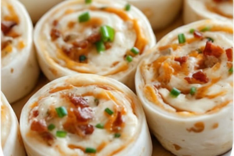 Easy no-bake appetizer made with cream cheese, ranch, cheddar, and bacon wrapped in tortillas and sliced into pinwheels.