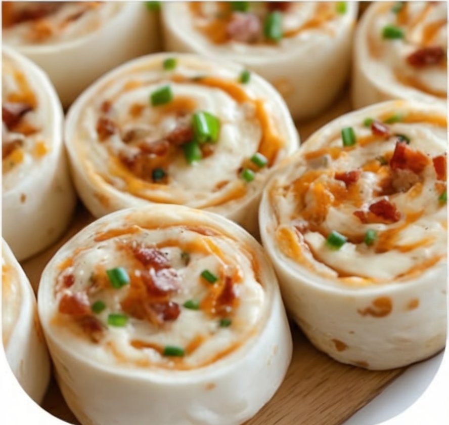 Easy no-bake appetizer made with cream cheese, ranch, cheddar, and bacon wrapped in tortillas and sliced into pinwheels.