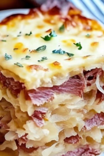 This Easy Reuben Bake combines tender corned beef, tangy sauerkraut, creamy Swiss cheese, and zesty Thousand Island dressing—all baked into a buttery