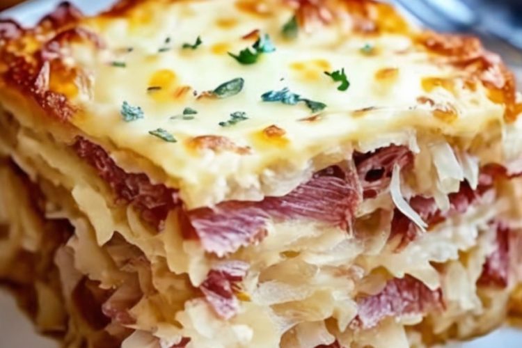 This Easy Reuben Bake combines tender corned beef, tangy sauerkraut, creamy Swiss cheese, and zesty Thousand Island dressing—all baked into a buttery