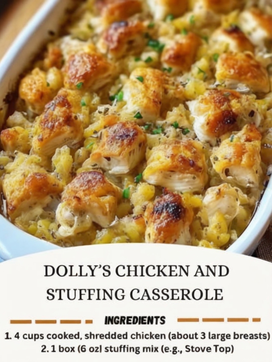A creamy, hearty chicken casserole layered with veggies and golden stuffing — the ultimate cozy dinner.